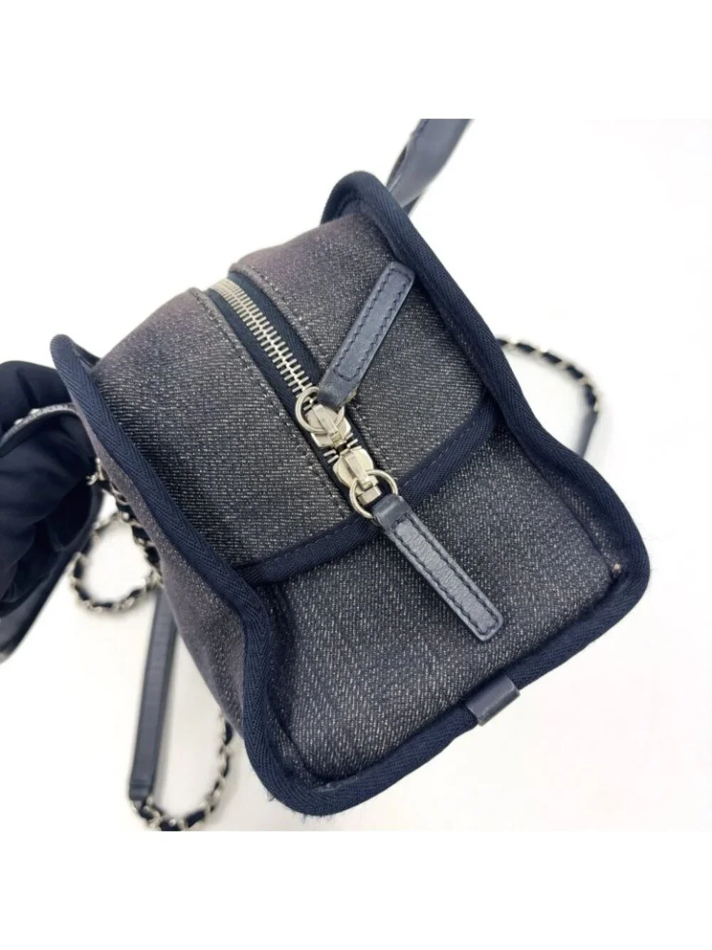 Chanel Deauville Line Bowling 2-Way Leather Denim Navy Blue Handbag Silver